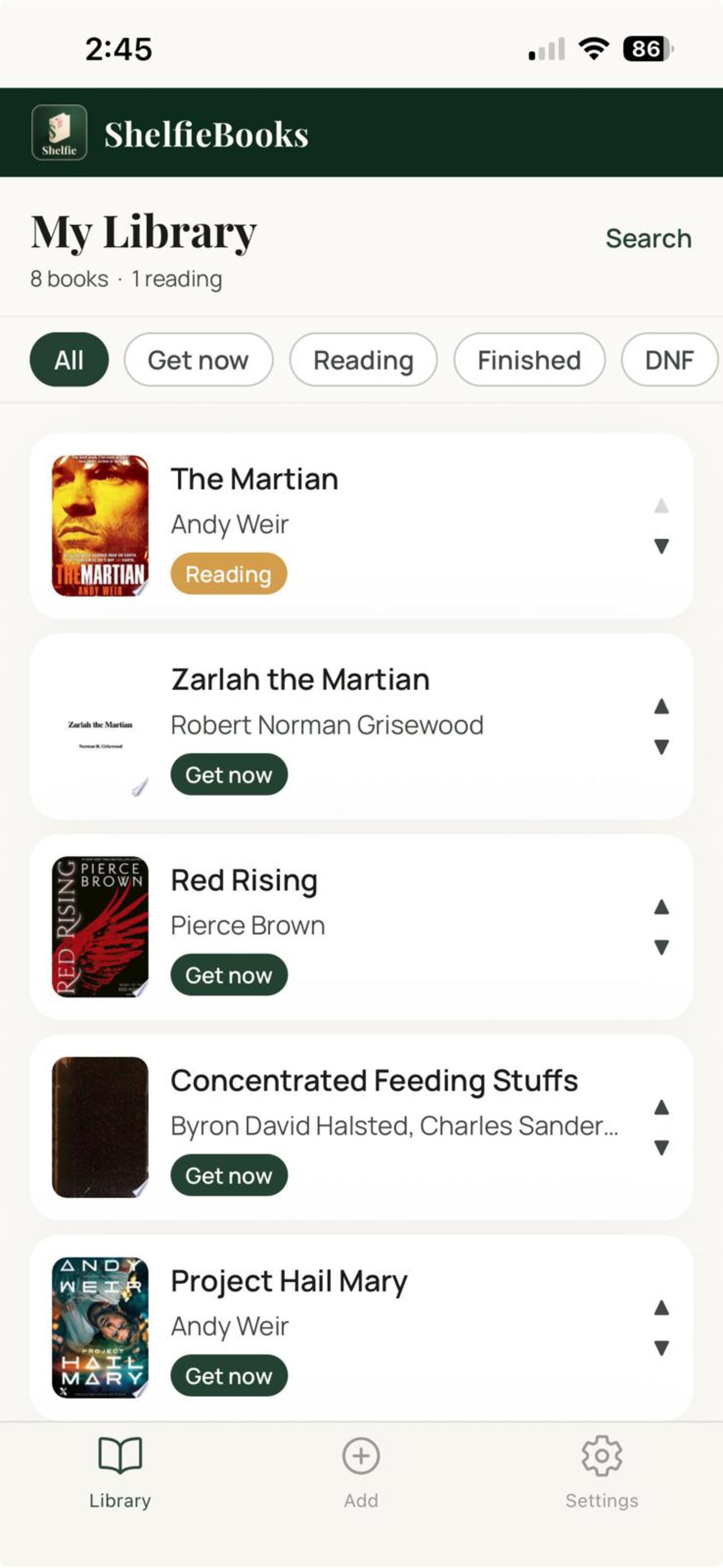 My Library screen showing saved books