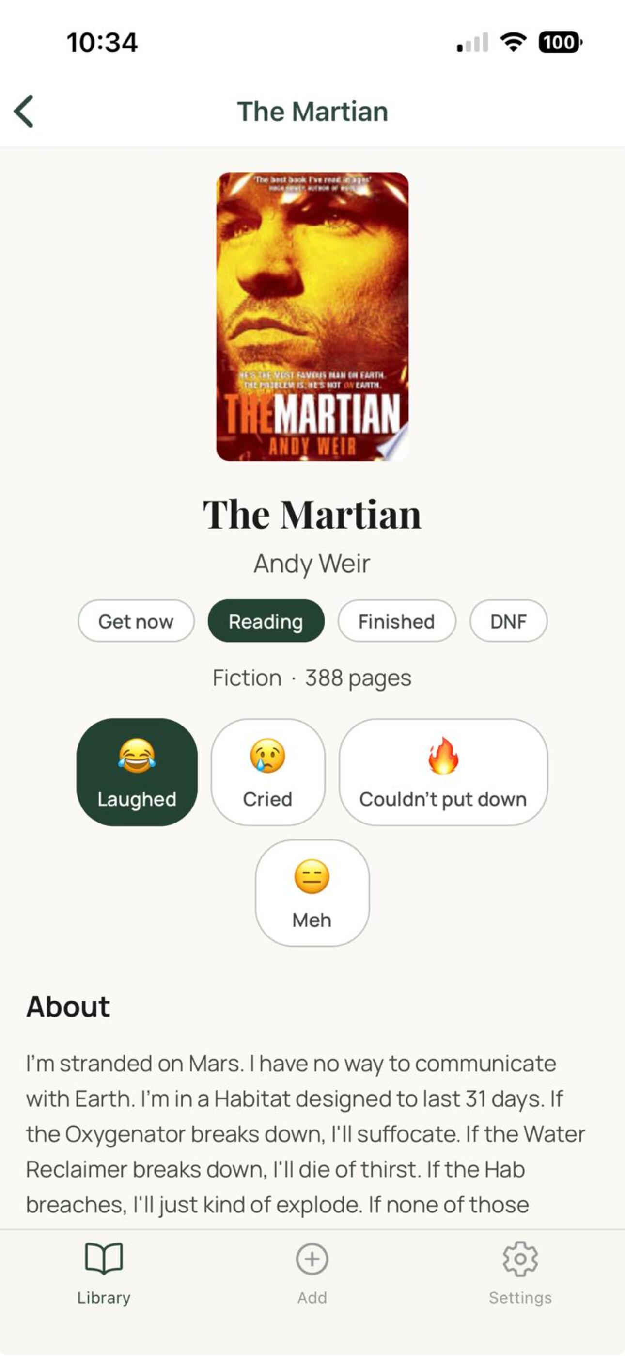 Book detail screen showing The Martian