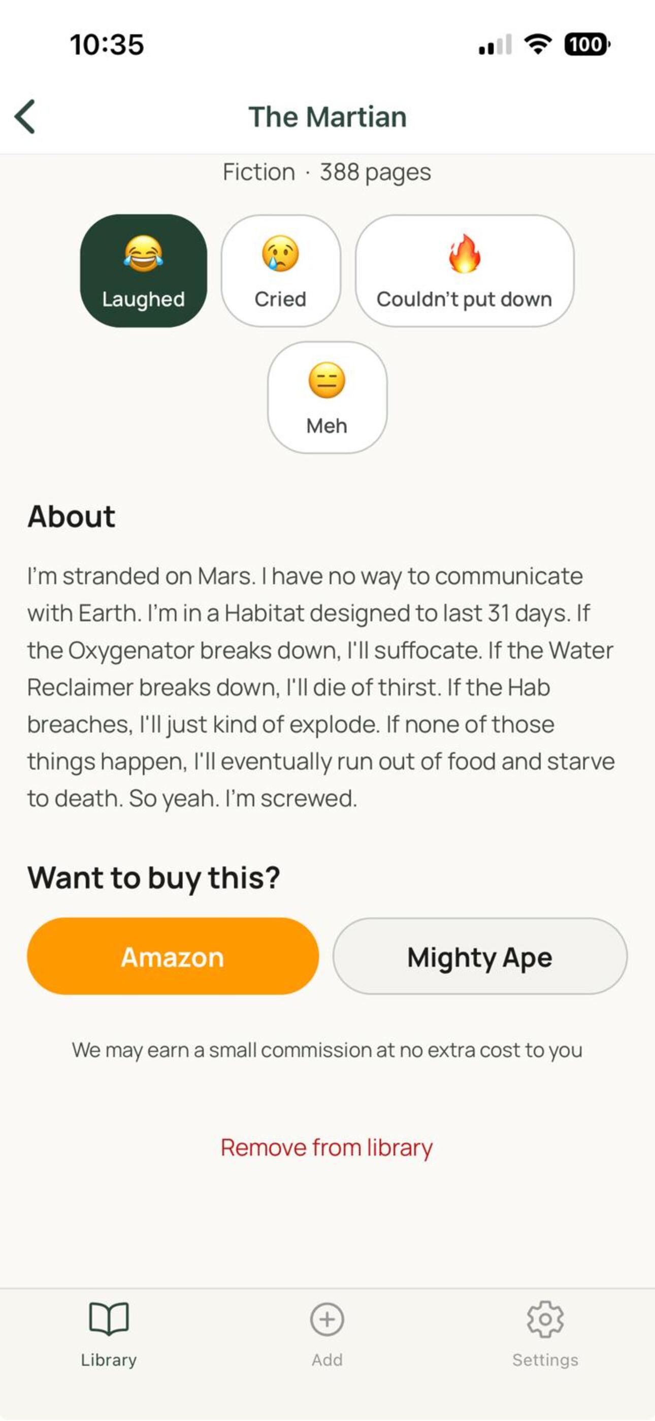Buy screen showing Amazon and Mighty Ape options